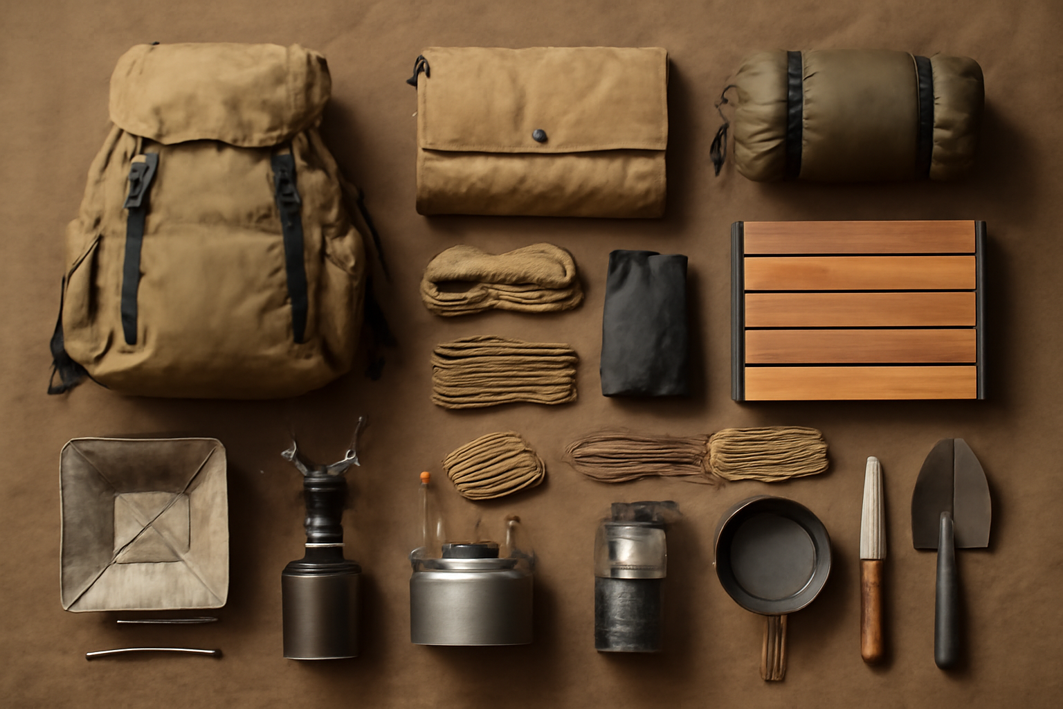 ソロキャンプの道具を並べた写真、持ち物チェック用のイメージ