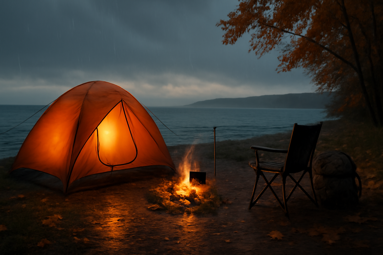 能登島キャンプの雨天時の情景を想像した画像、秋の海辺で備えを促す温かい雰囲気で広角描写