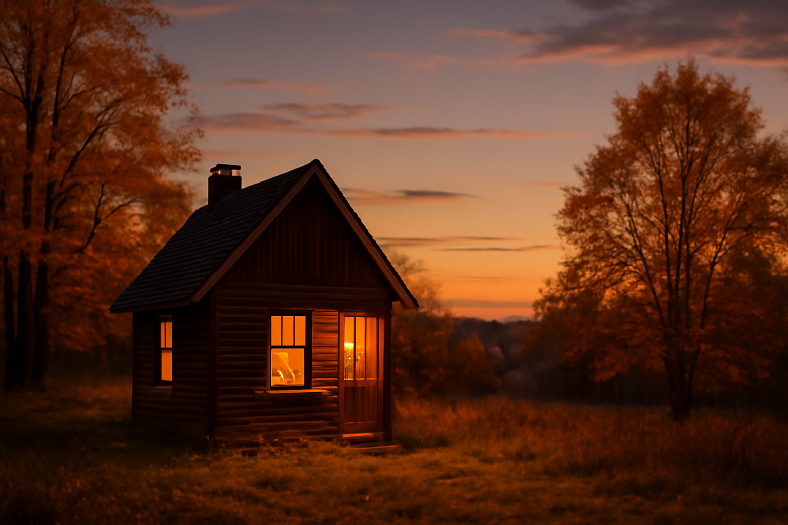 フォレンタ 夜間の過ごし方を想像するやさしい案内、秋の夕暮れに小さな暖かい小屋が灯る風景