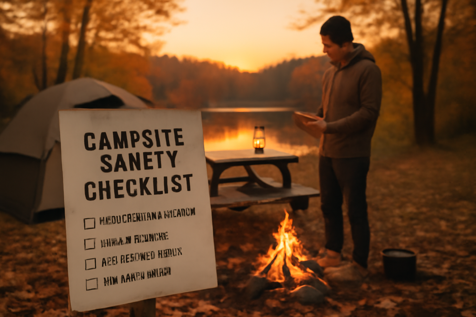 シオゴリキャンプの次の行動を促すイメージ。秋の夕暮れのキャンプサイトで装備を確認する場面を広角で描写した写真