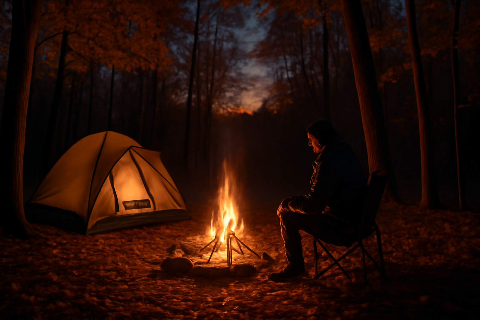 沼田町キャンプでの秋の夜、焚き火を囲み安全に次の行動を考える情景を写した写真の代替テキスト。