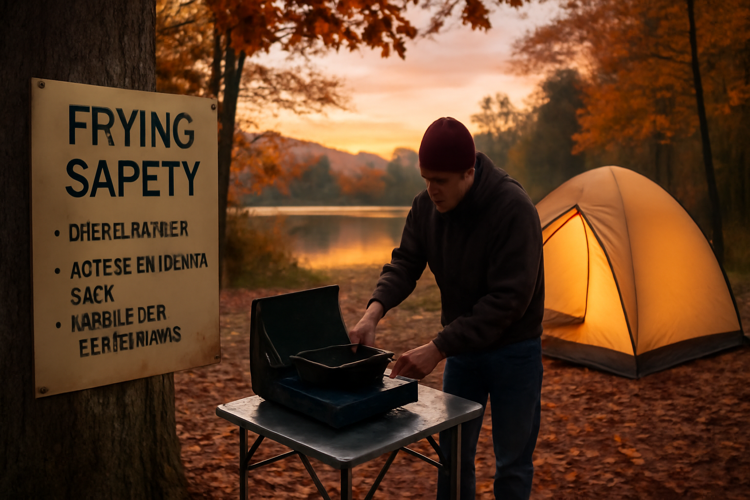 キャンプ天ぷらレシピ:揚げ物の安全を促すエディターノートのイメージ、秋の夕暮れのキャンプ場で器具を点検する情景