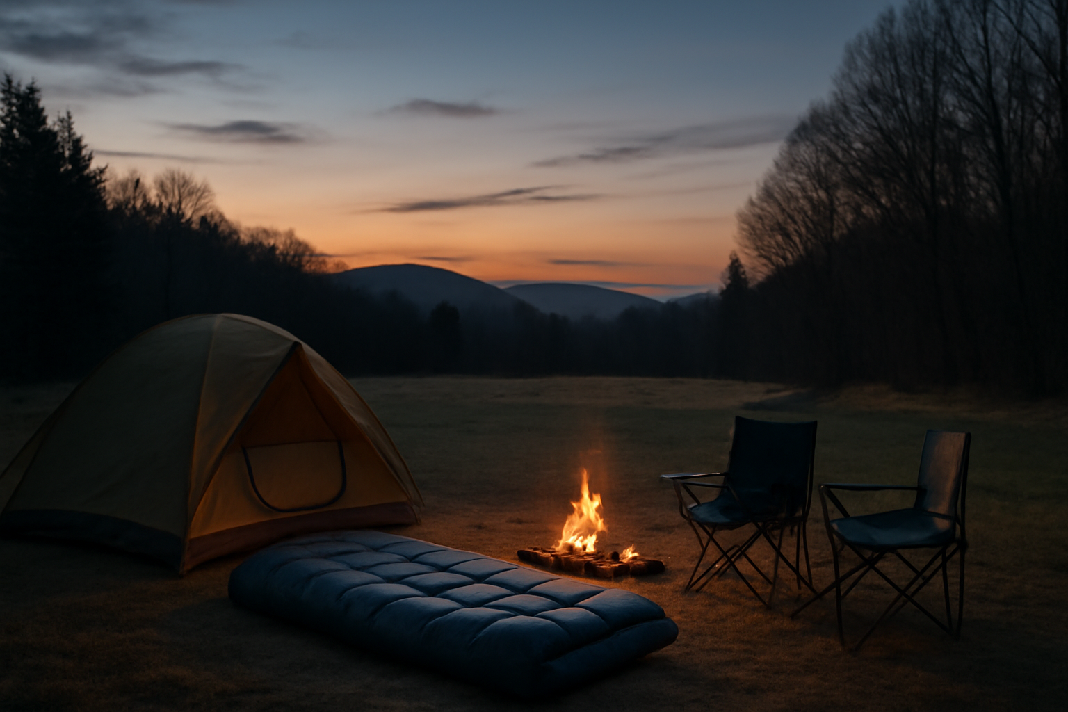 丸洗いビッグシュラフ：エディターノートの次の行動を示す夕暮れのキャンプ場での落ち着いた情景を広角で表現した実写風画像