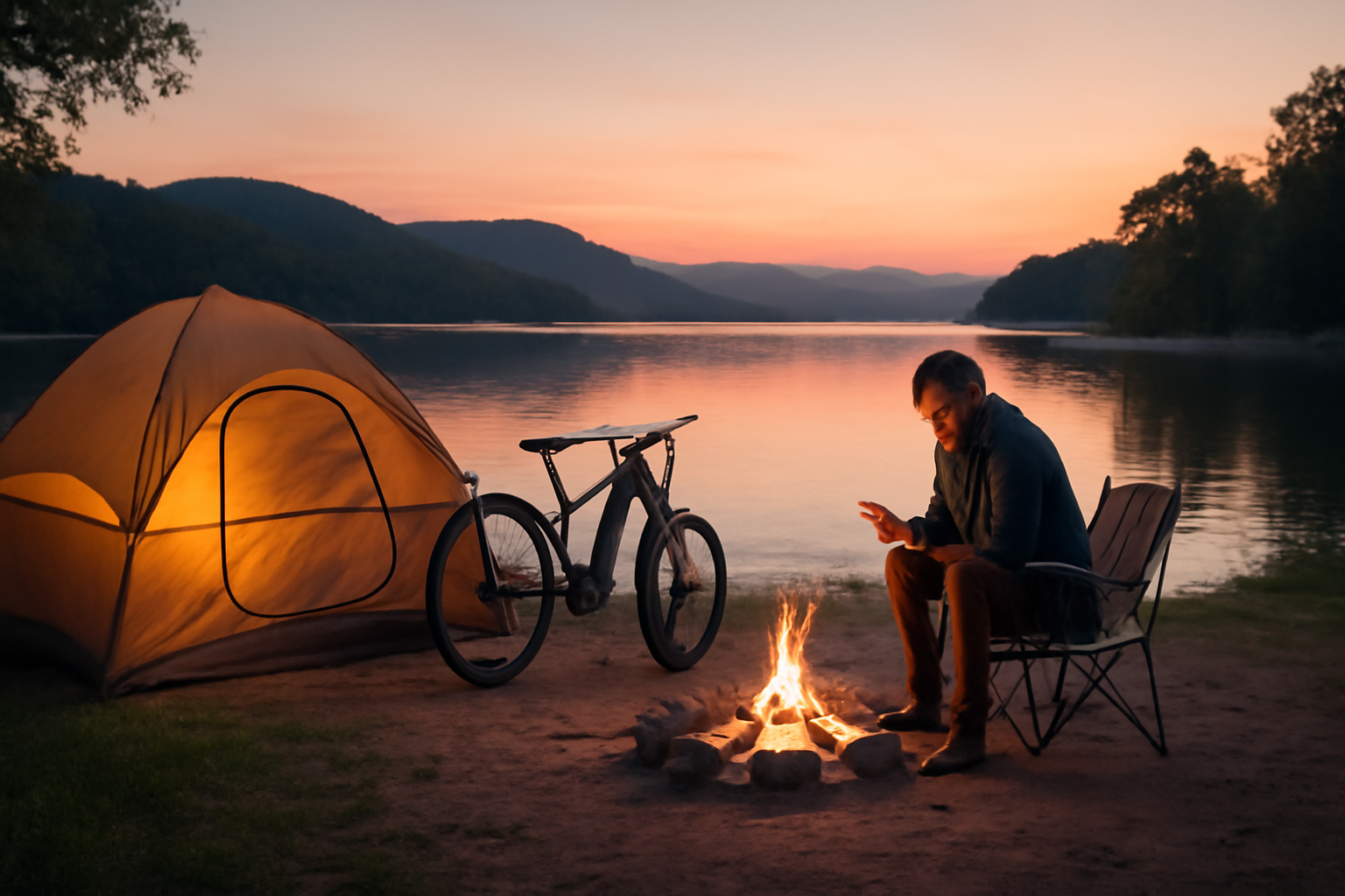 電動自転車アウトドアで週末予約を確認する明るい夕暮れの湖畔、準備を促す情景写真