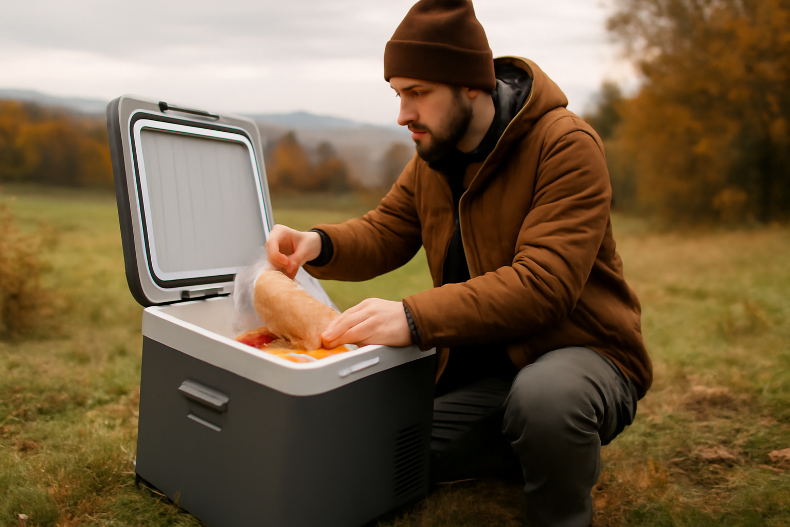 ロゴス冷凍庫を使って次の行動(レンタルや店頭チェック)を促す場面を想像した写真。秋の野外で朝の柔らかい光の中