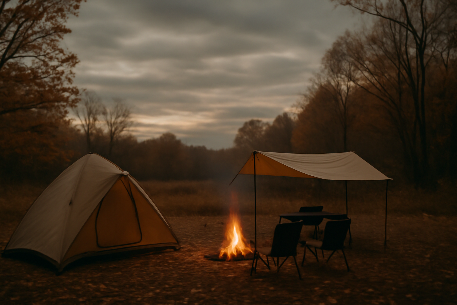 1泊2日キャンプ: 荒天を想定し代替案を検討する穏やかな夕暮れの風景写真