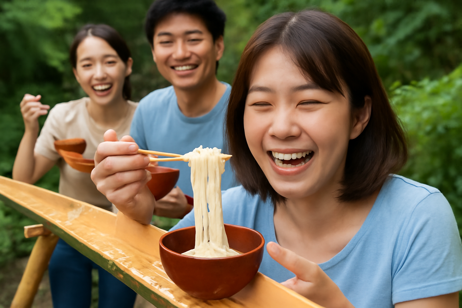 流しそうめんの受け皿に流れるそうめんと笑顔の参加者