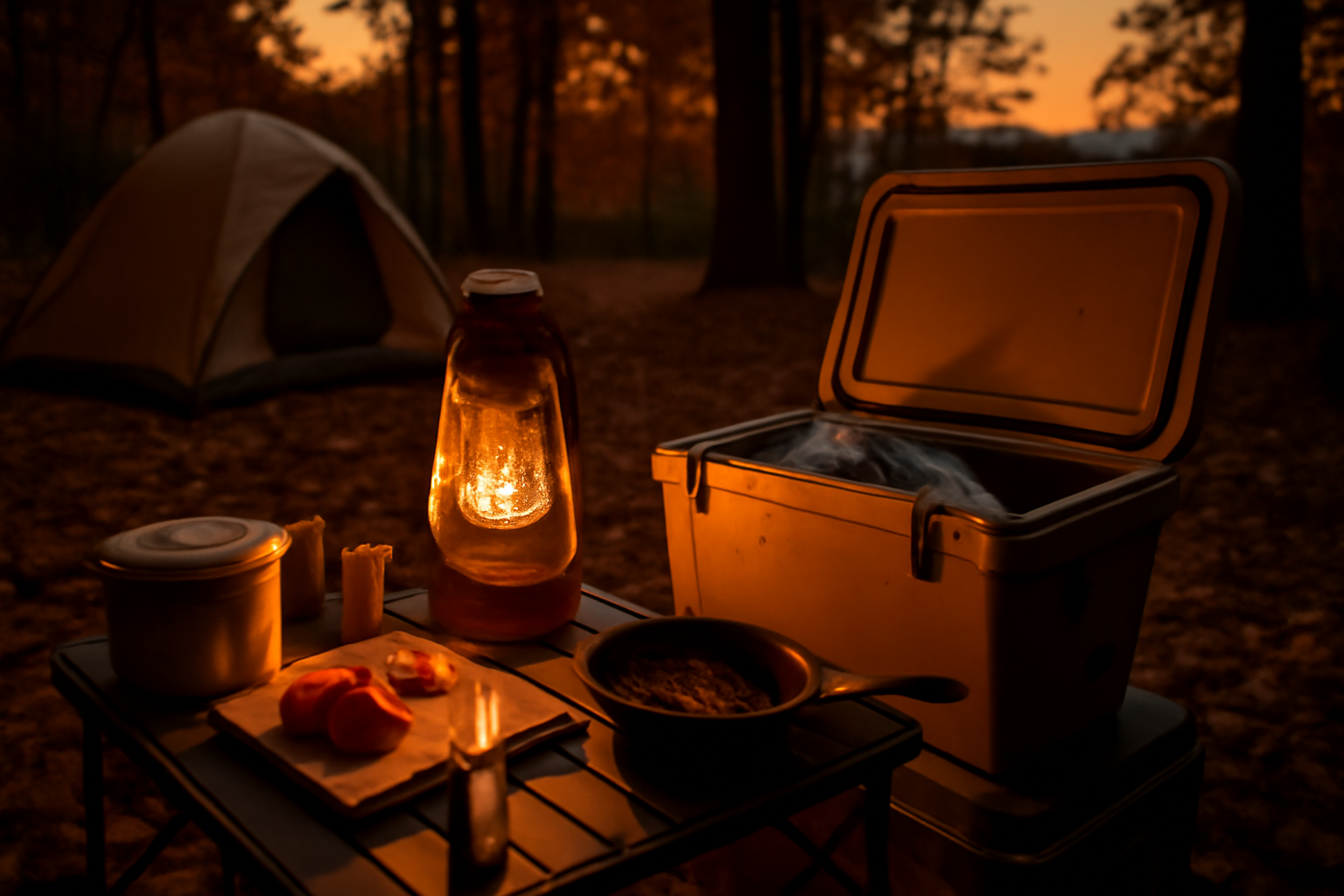 クーラーパックで保存された食材を使い終えた後の秋の夕暮れキャンプ、ランタンの暖かな光に包まれた調理と片付けの風景
