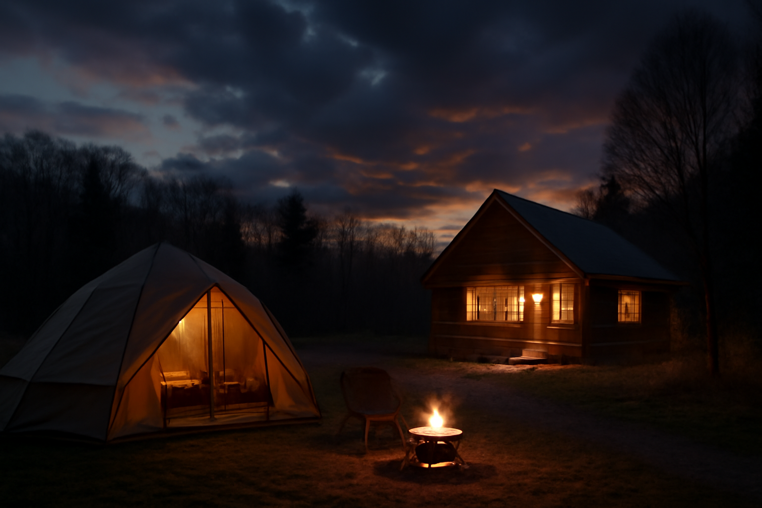 グリップスワニー:天候不良でコテージに切替える提案を表す夕暮れのキャンプ場、安心感のある構図で撮影