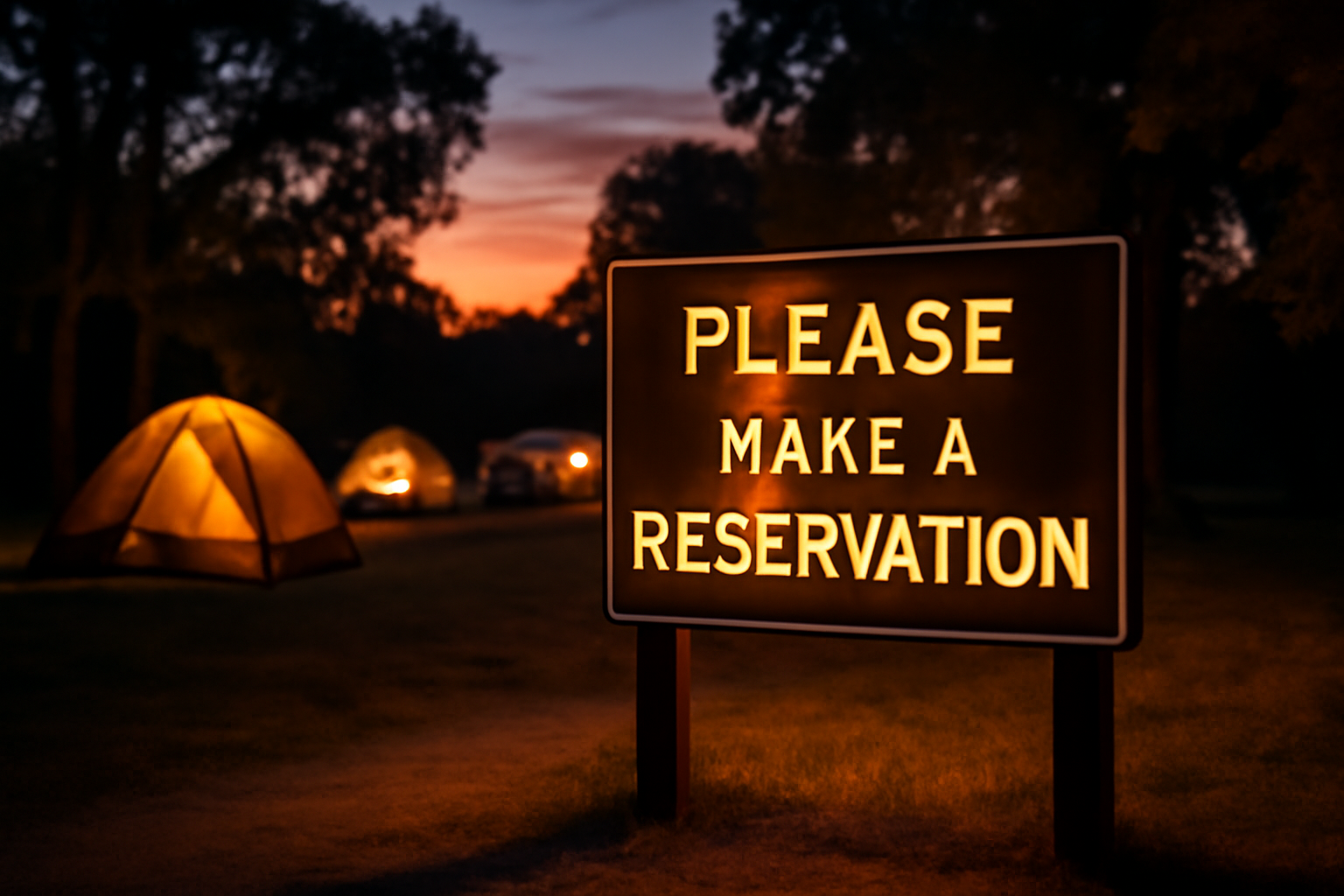 マルチシューズラックの予約を促す夕方のキャンプ場案内看板と温かい光景を描写した写真