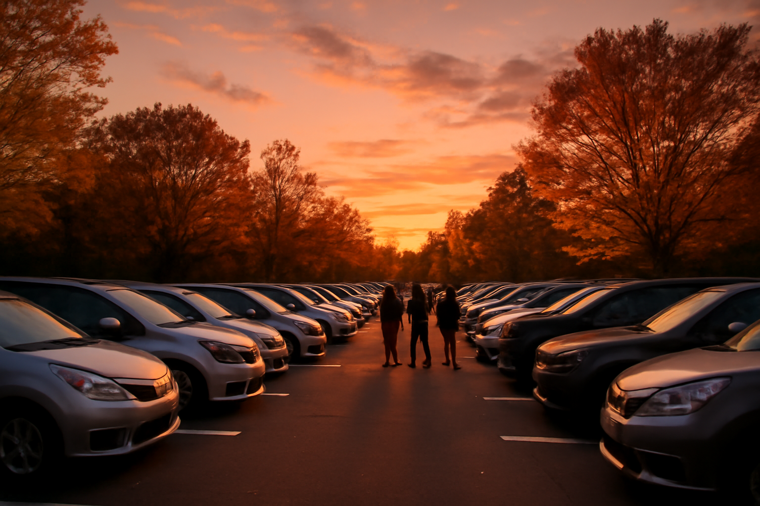 モーターキャンプの万博公園で出展者チェックを促す夕暮れの車と人々の風景