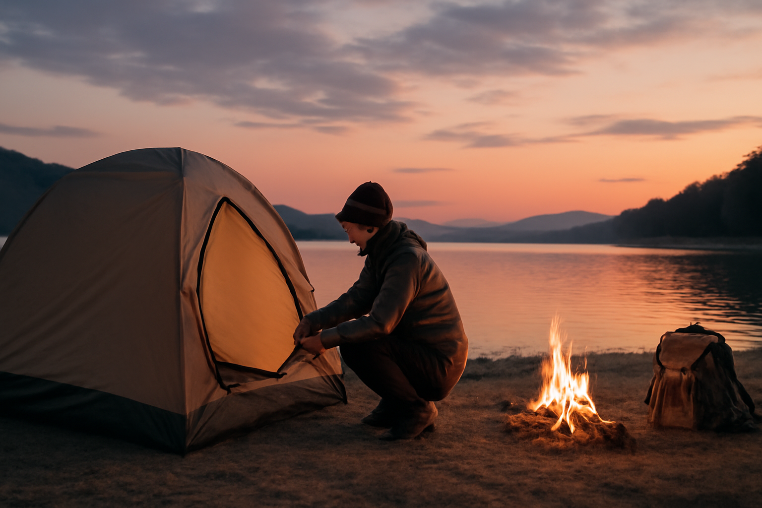 マイダンロ:天候変化に備えて代替案を用意するイメージ、夕暮れの湖畔で準備を整えるキャンパーの風景を描く写真