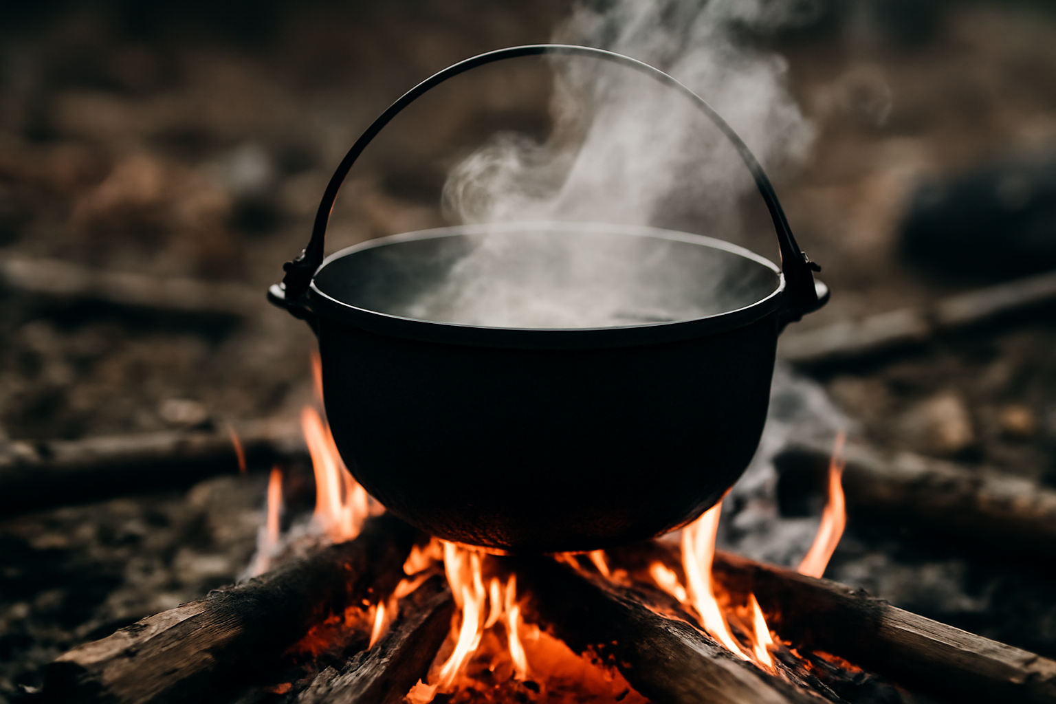 焚火で調理する焚火飯のクローズアップ、鉄の鍋と湯気