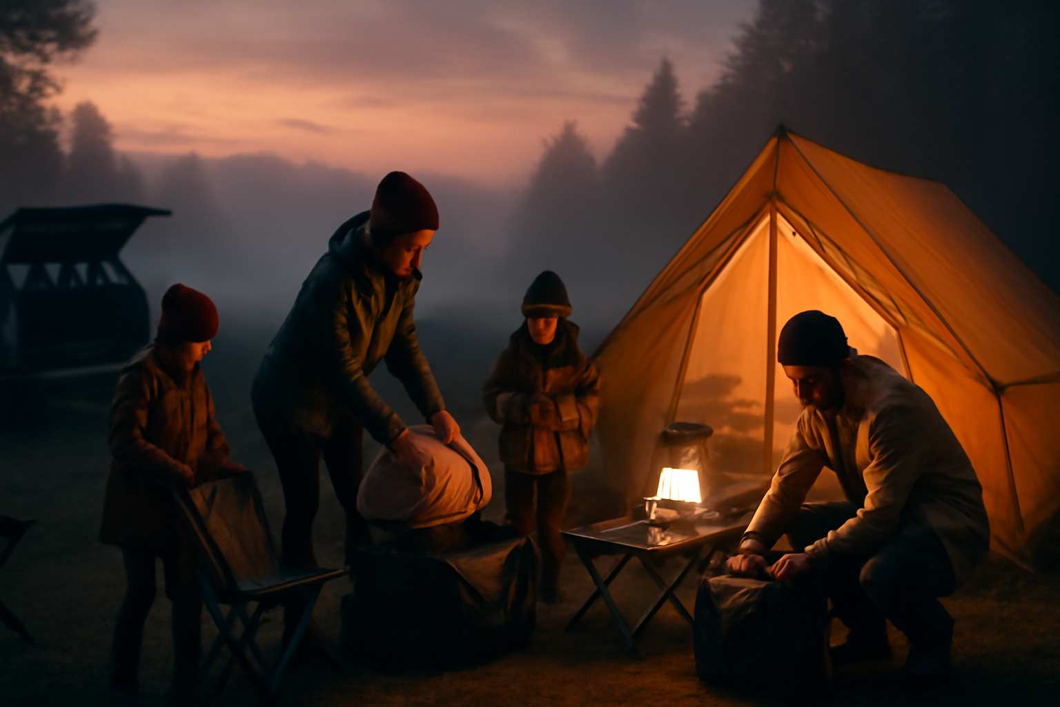 マルチシューズラック:夕暮れのキャンプ場で家族が安心して片付けをする様子を表現した温かい写真