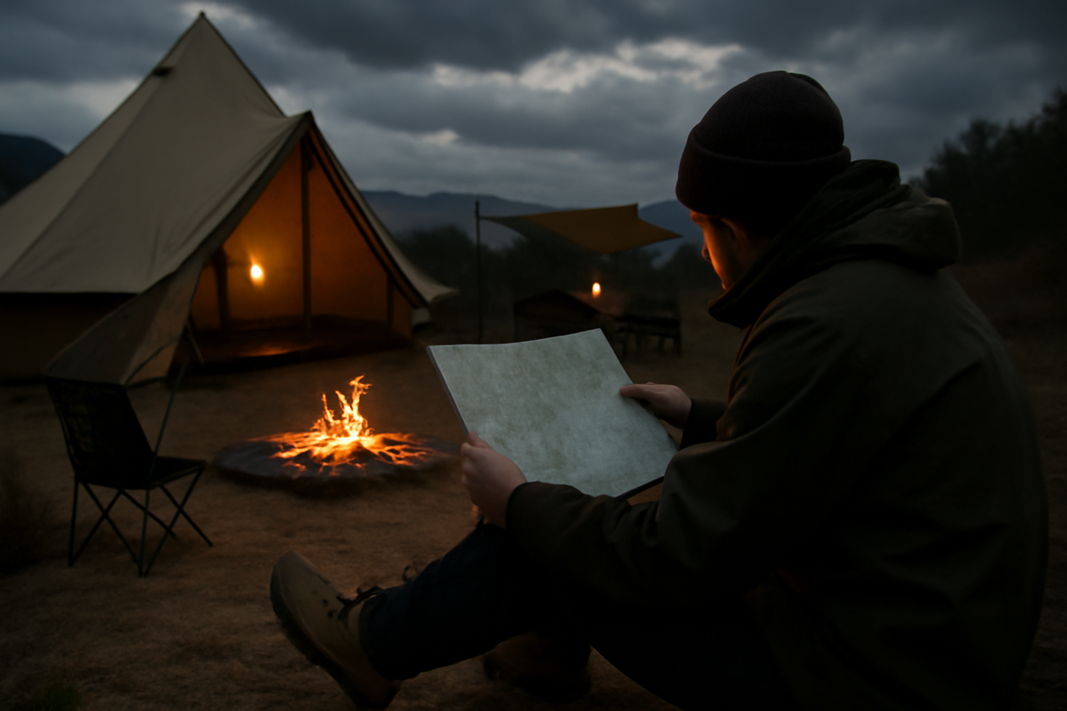 ノルディスクシューズを履いて次のキャンプ計画を確認する夕暮れのサイト、曇り空で地図を広げる様子の写真