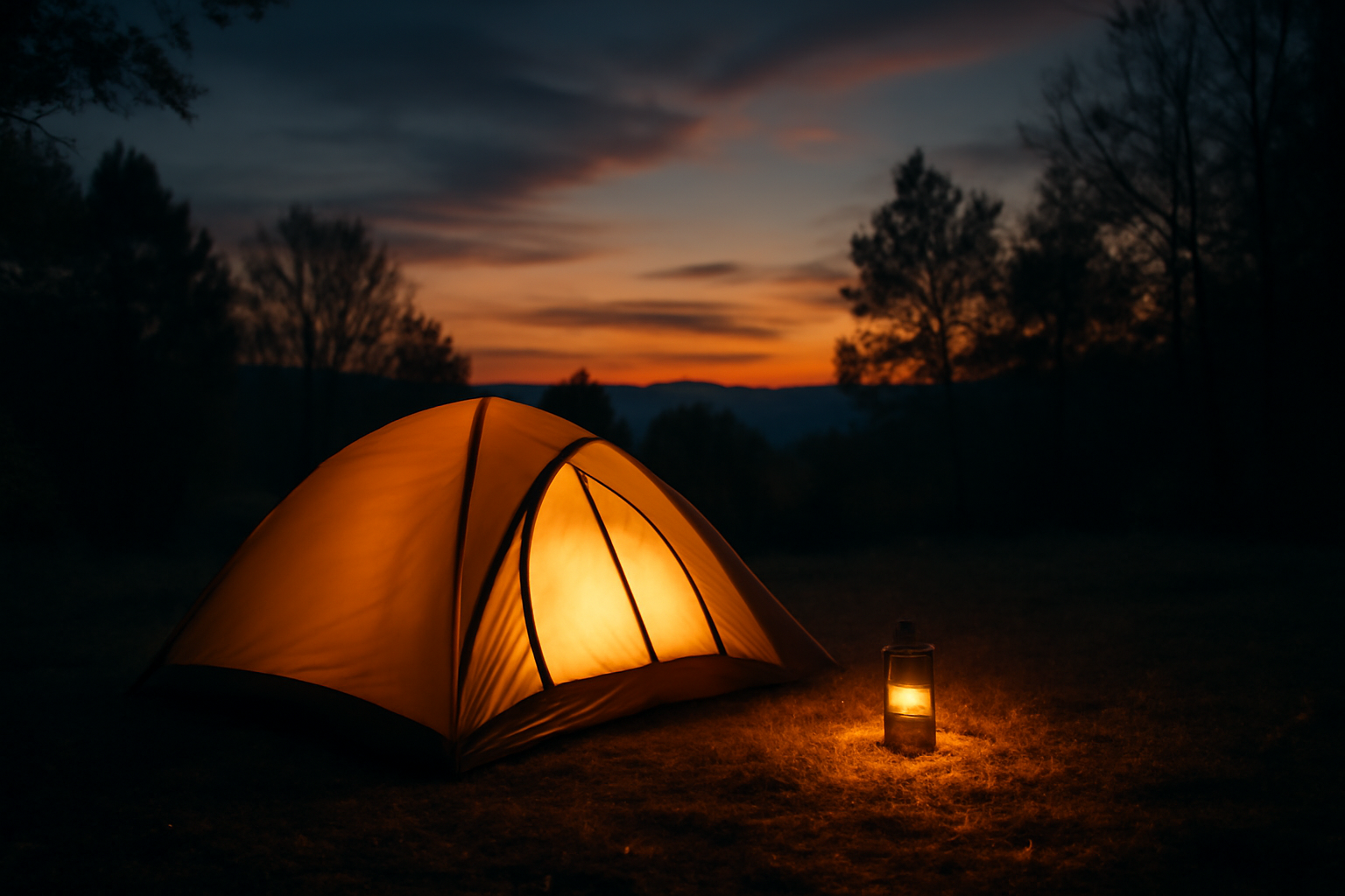 オルターフォート：夕暮れのサイトに灯る穏やかなランタンとテントの情景、手軽に設営できる様子を表現