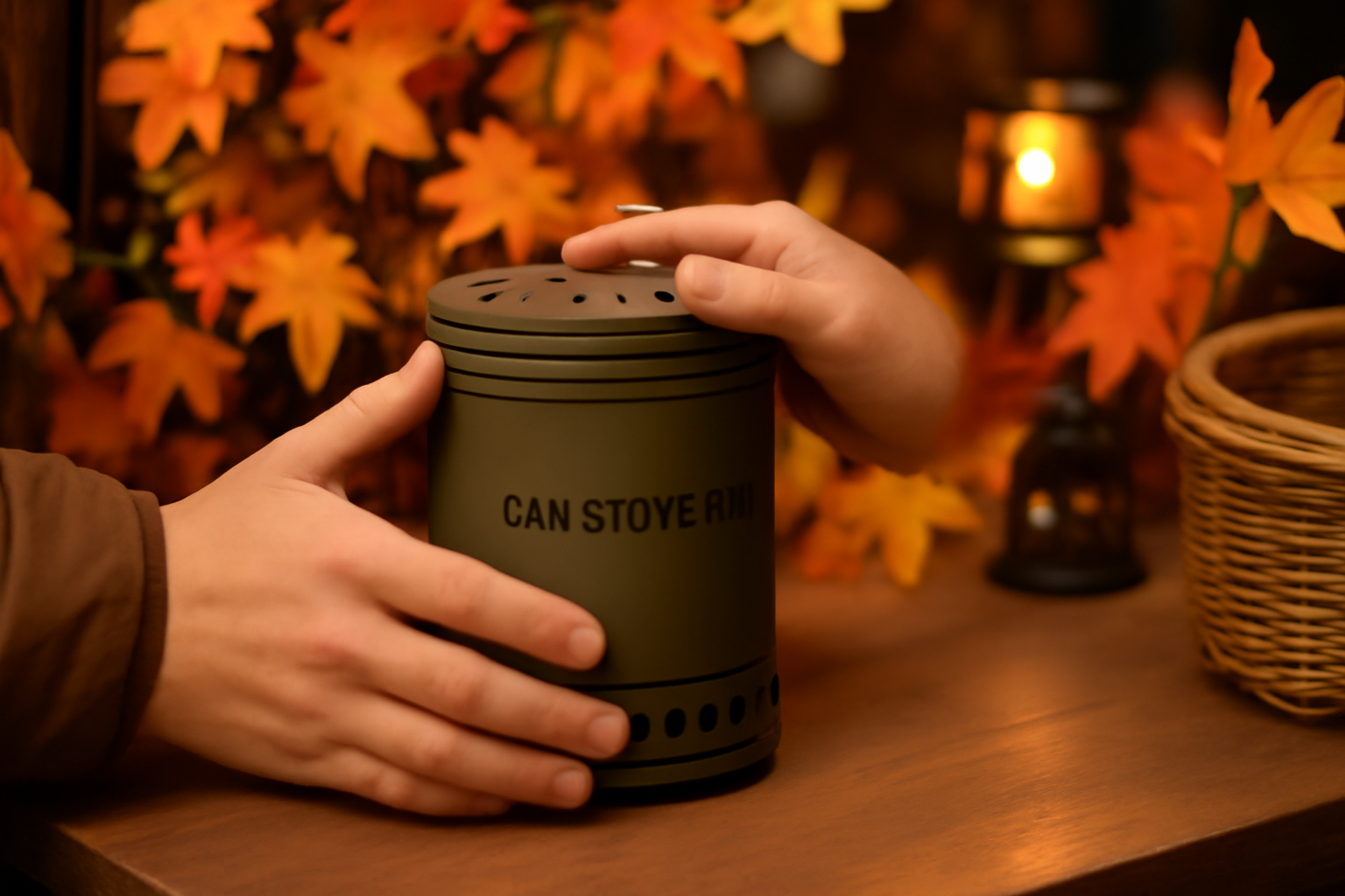 缶ストーブEXを実際に触る様子。店頭ディスプレイで手が本体に触れ、質感や大きさを確認する情景です