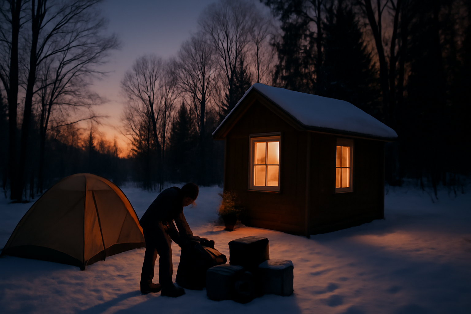 成田冬旅割引を活かす予約のイメージ。冬の夕暮れに小さなキャビンと荷物を準備するシーンを写した写真