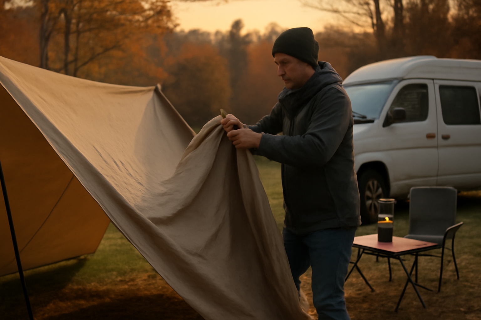 ソーラーブロックで快適に過ごした後の撤収風景、夕暮れのオートキャンプ場で片付ける様子