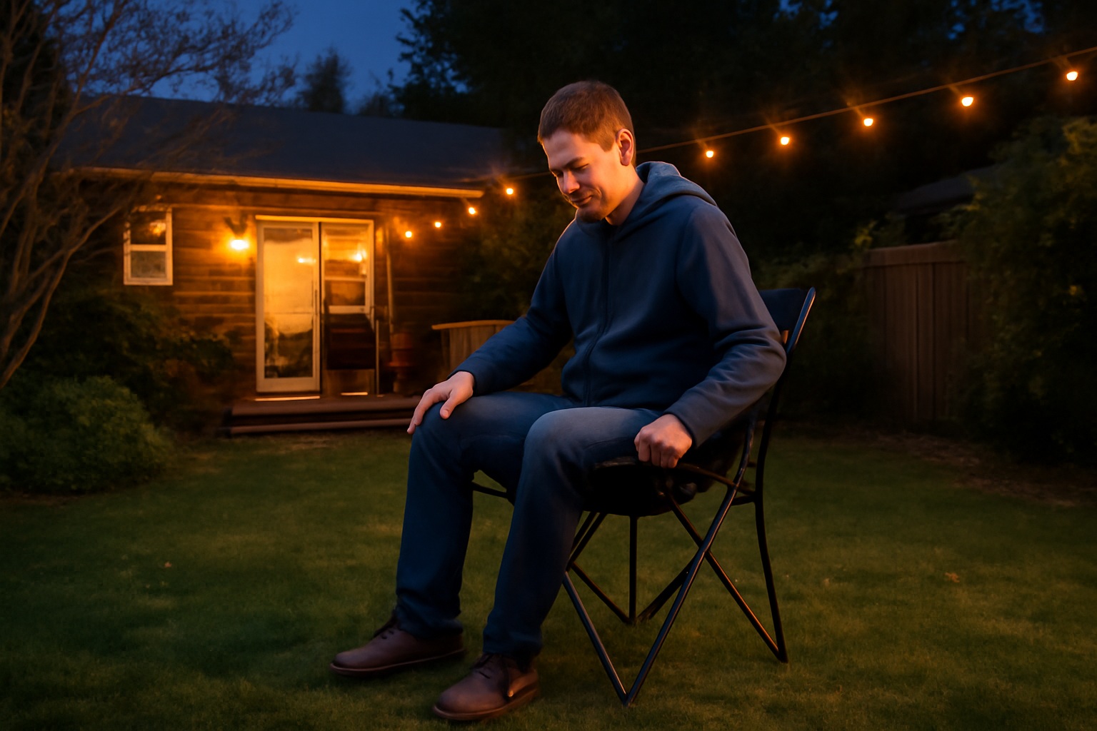 折りたたみ椅子:夕暮れの庭で一脚を試している様子を示す実写イメージ、購入前の試座シーン