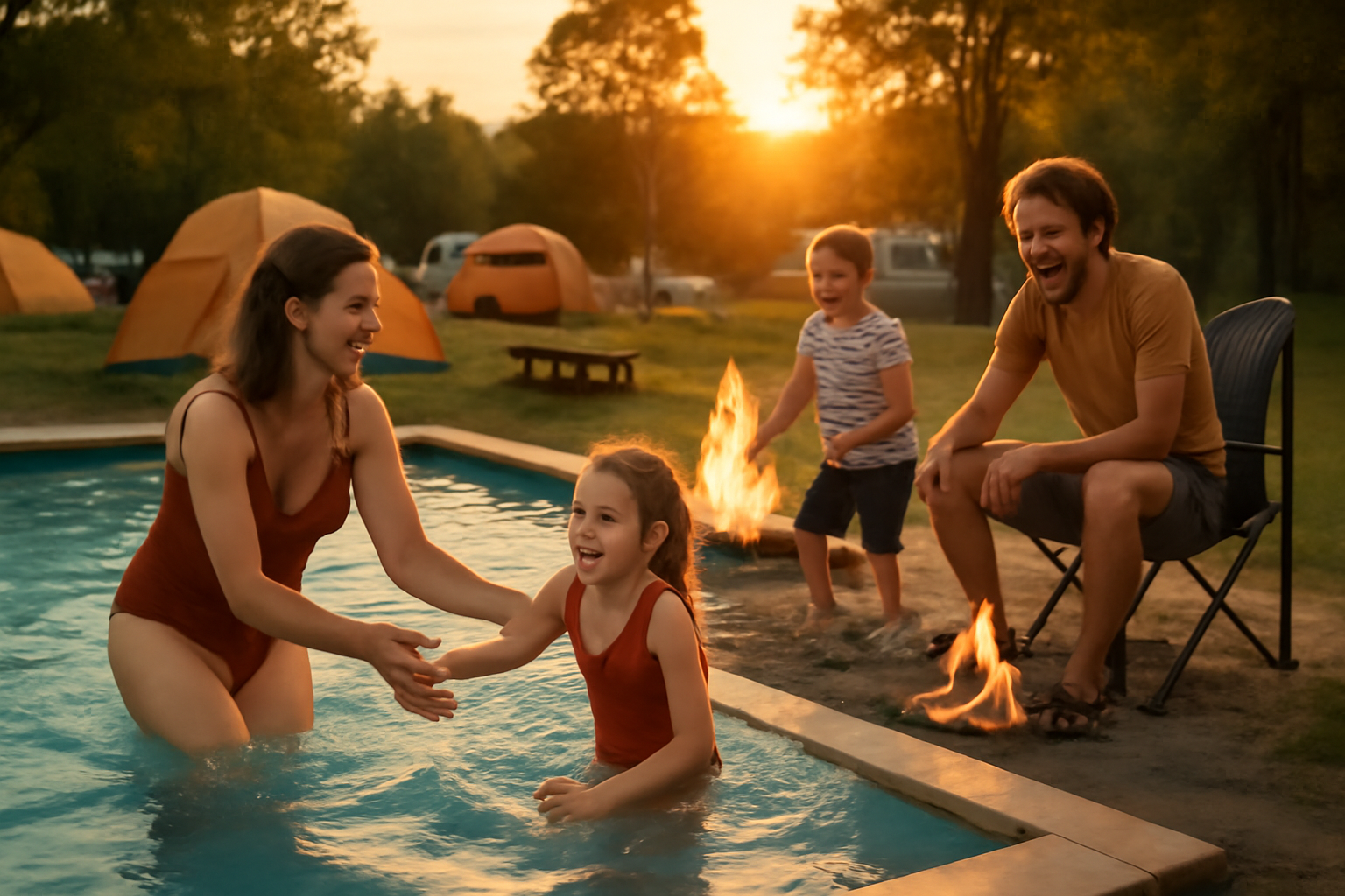 プール併設 夏の家族キャンプ