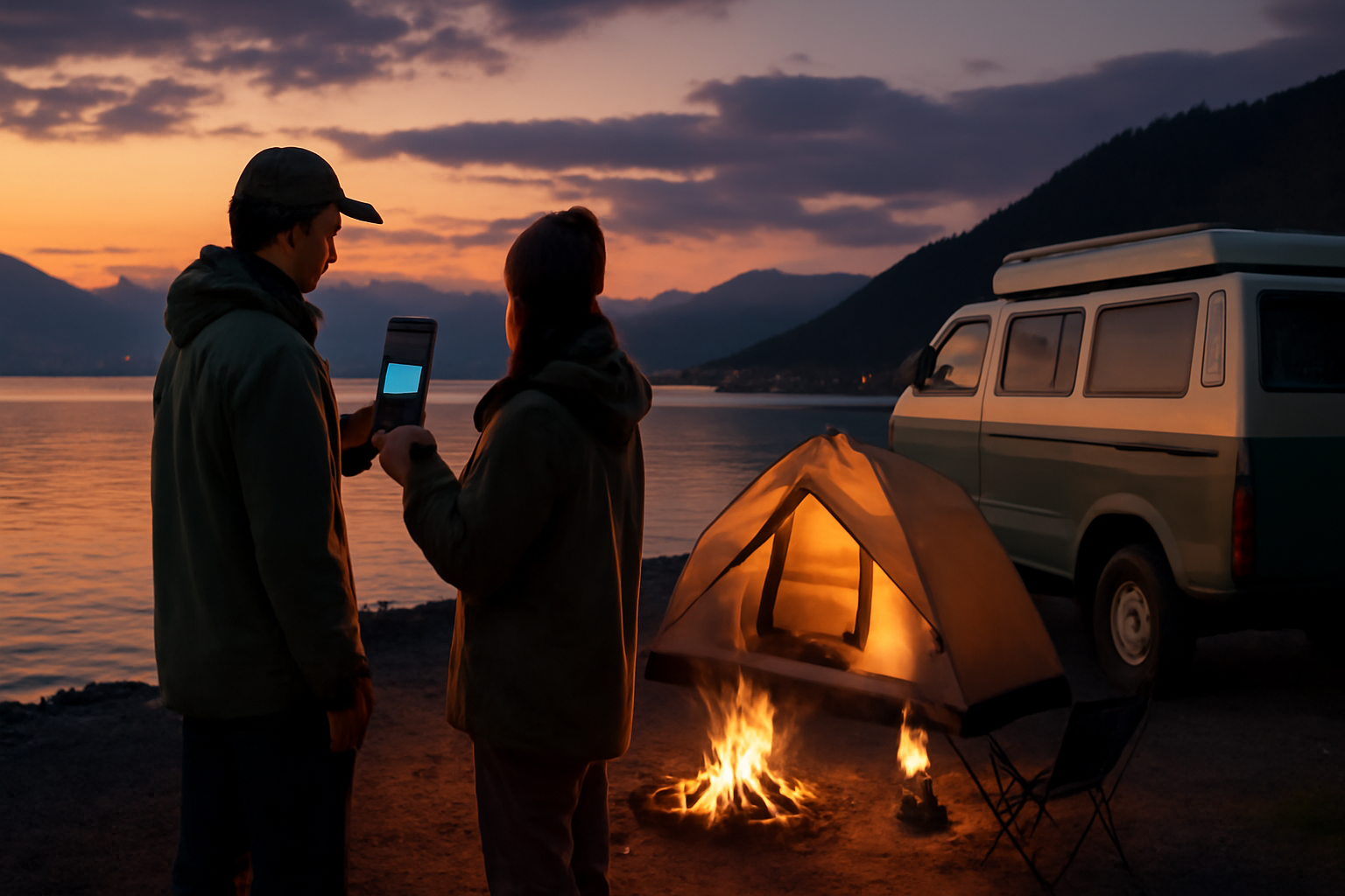 諏訪湖での出発前チェックの風景、夕暮れ時に天気や装備を確認するキャンパーのイメージ