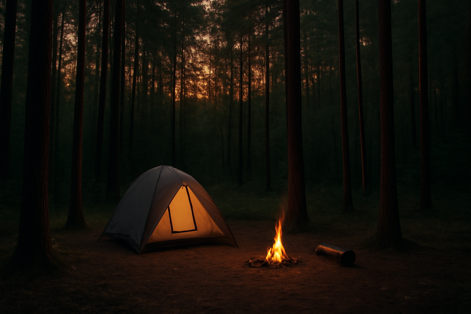 鎮守の森楽社キャンプ：次は近場で下見してから参加してみましょうという案内を表す夕暮れの森の風景写真