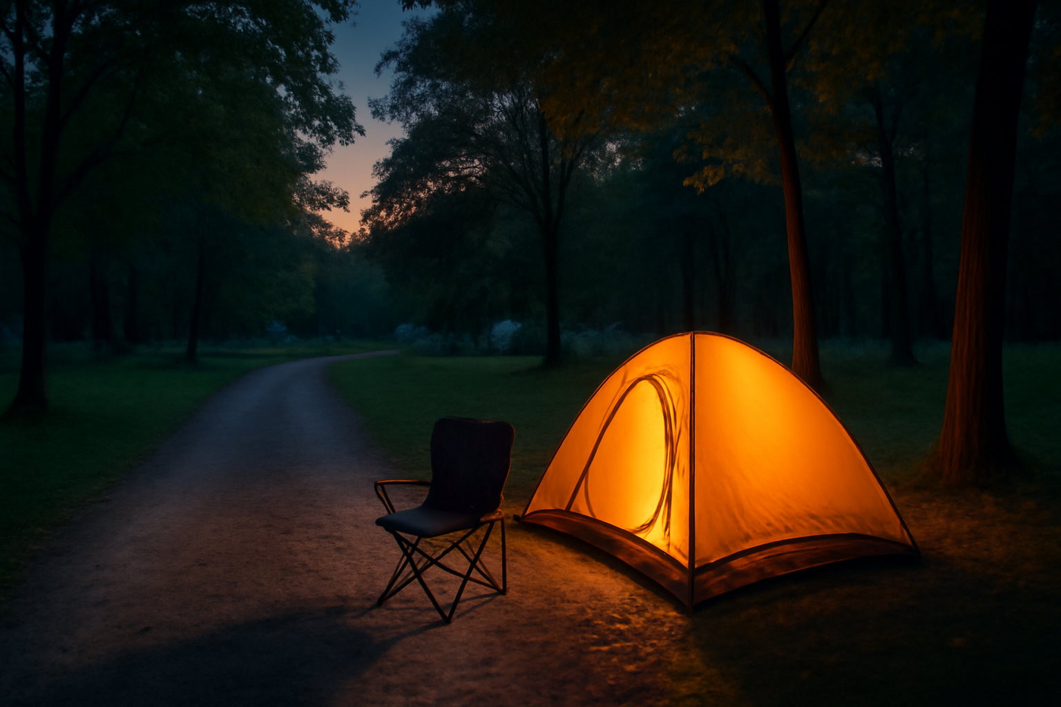 Amazonタイムセールでチェア&テント:夕暮れのキャンプ場で次の行動を促す穏やかな風景