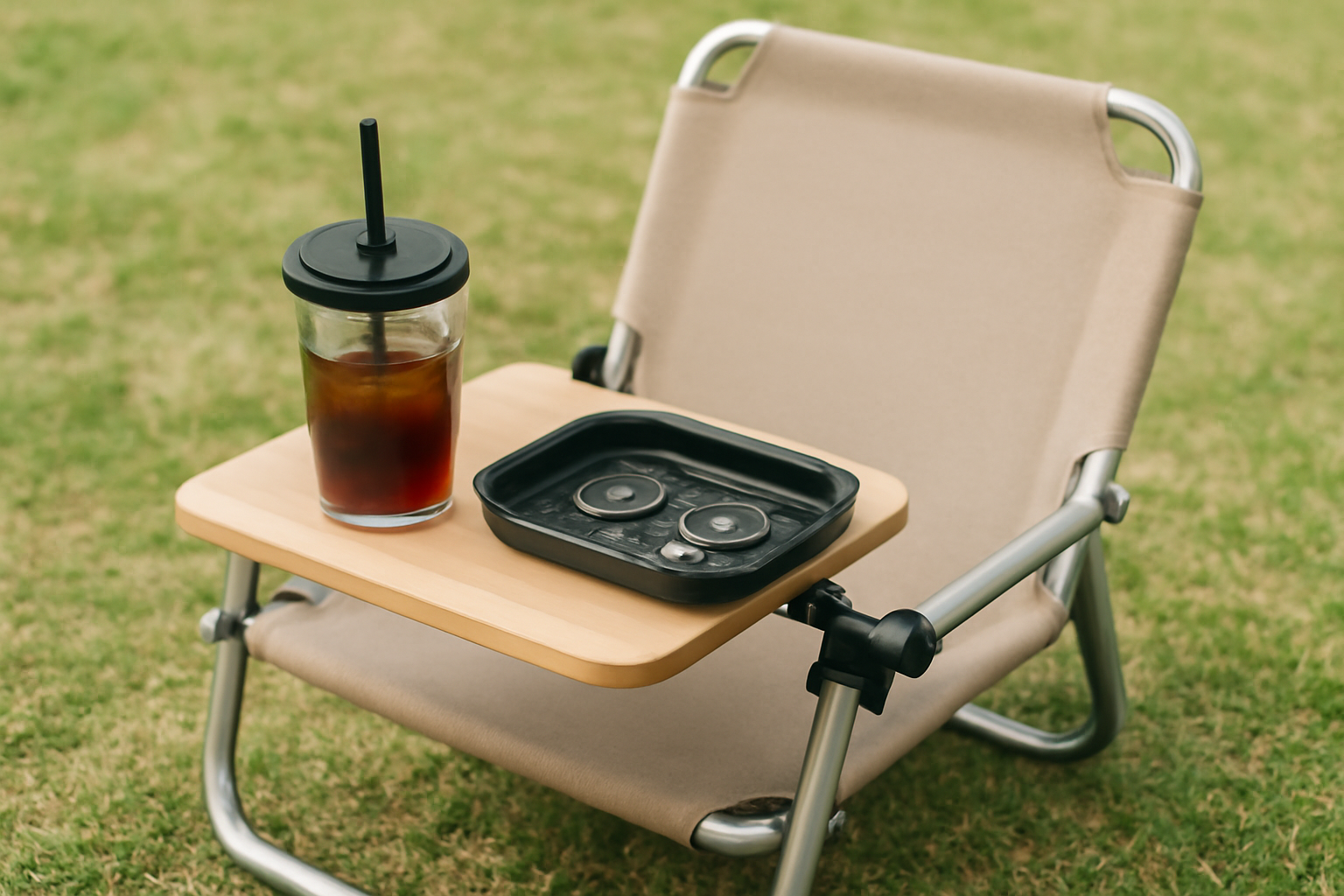 セリアの小物とローチェアの実例。飲み物や小物を安全に置く工夫の図