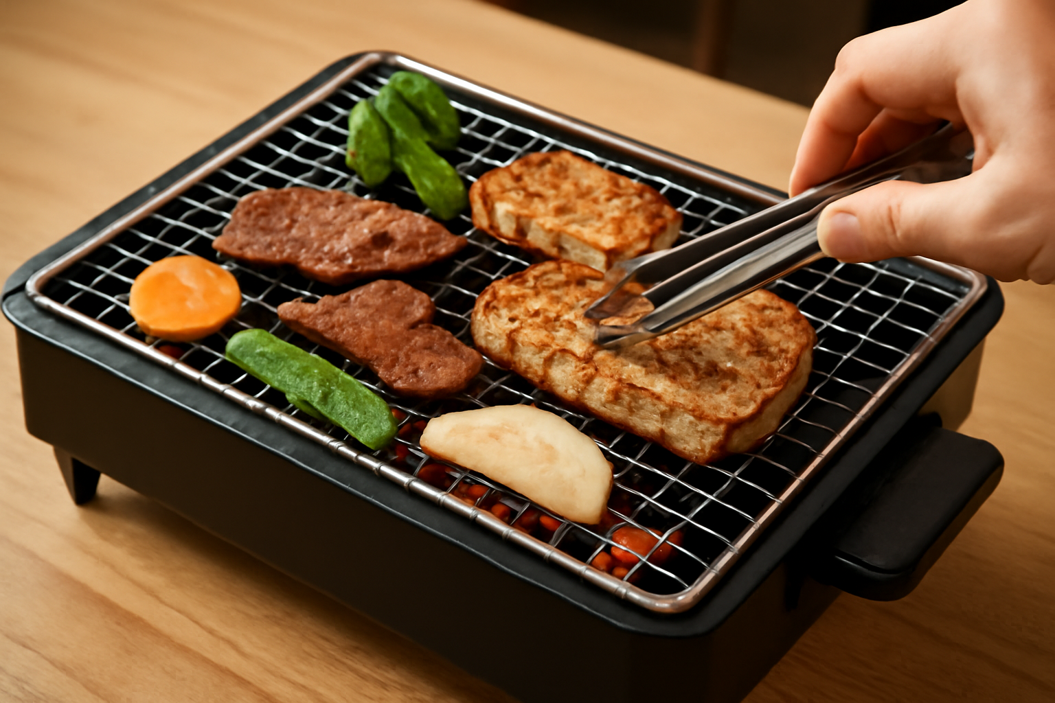 卓上タイプのバーベキューグリルで調理する様子