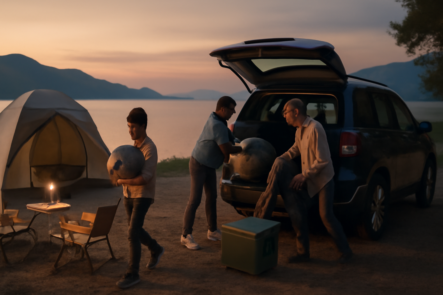 LScamp山中湖で家族がキャンプの片付けをする夕暮れの風景、柔らかな光で撮影された広角写真