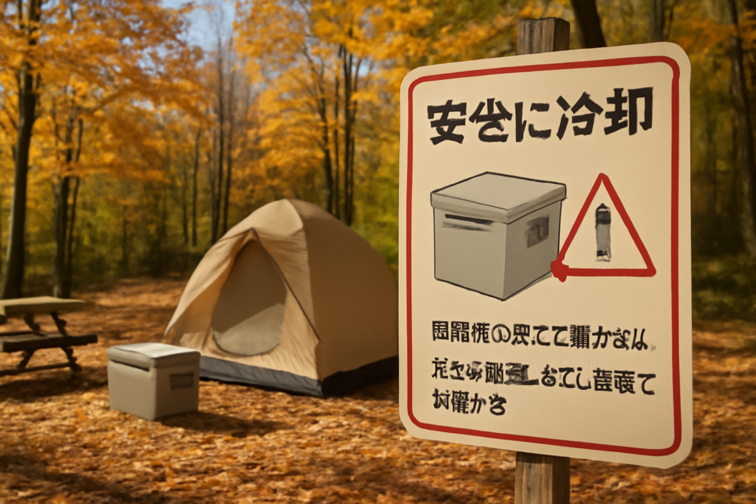 ポータブル冷凍庫を安全に使うための注意喚起を伝える場面、秋昼のキャンプ場でワイドに撮影された安心感ある写真