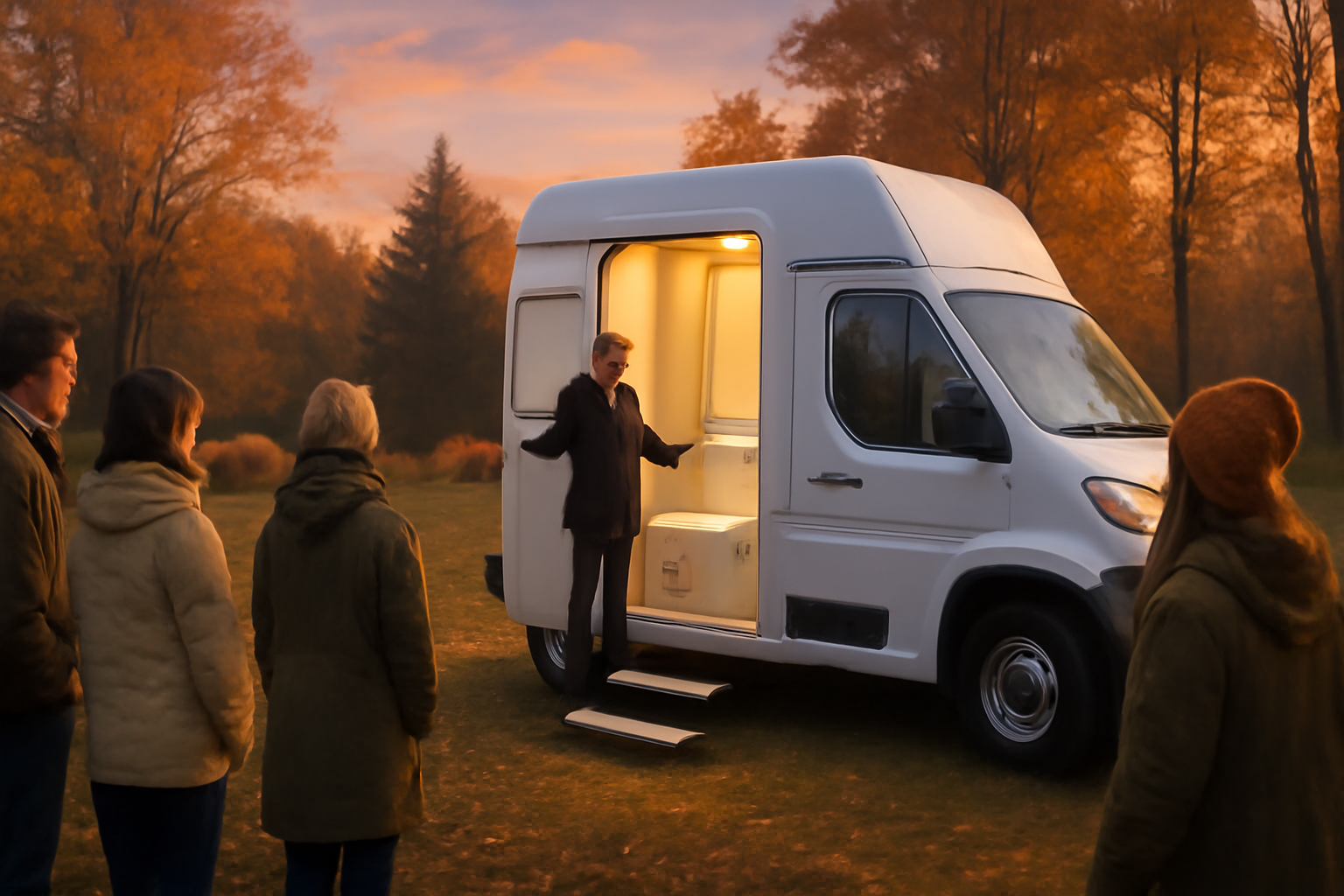 次世代トイレカー:夕暮れのキャンプ場で展示を見に行くイメージ。秋の穏やかな空と実演を観察する人々の情景を表現しています。