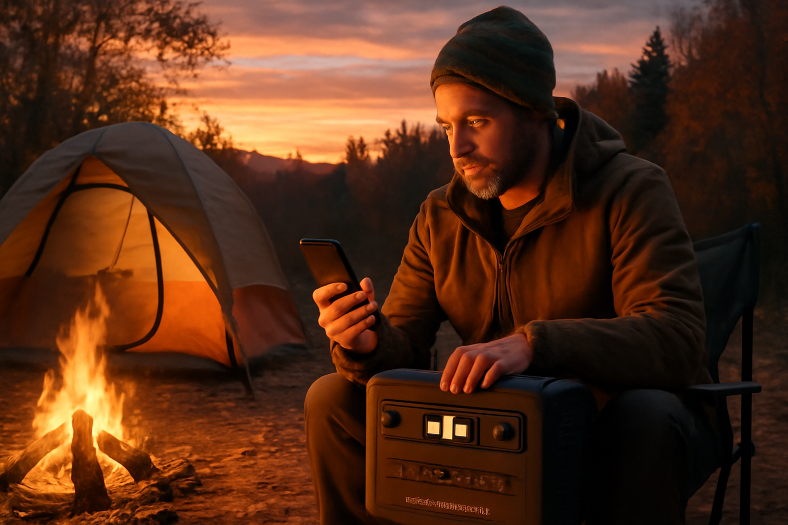 OscalPowerMax1800の在庫確認をする様子をイメージした秋の夕暮れキャンプでのスマホ操作風景