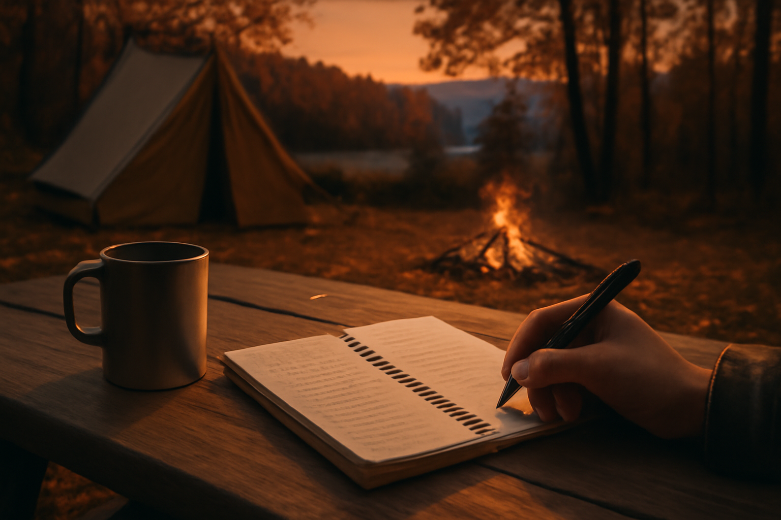 サケジャーニー:エディターノートで促す次の行動を象徴する夕暮れのキャンプテーブルと手元のメモ、静かな秋の夜の雰囲気