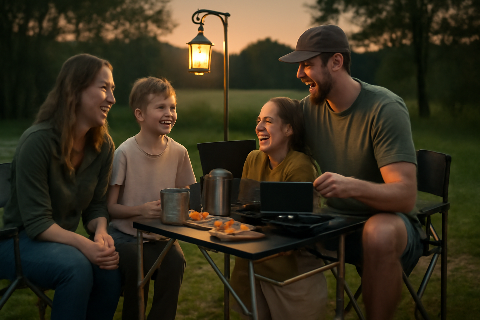 キャンプ用品 寄り添う提案:夜間でも安心な持ち運べる簡易キッチンで家族が笑う様子を映した画像