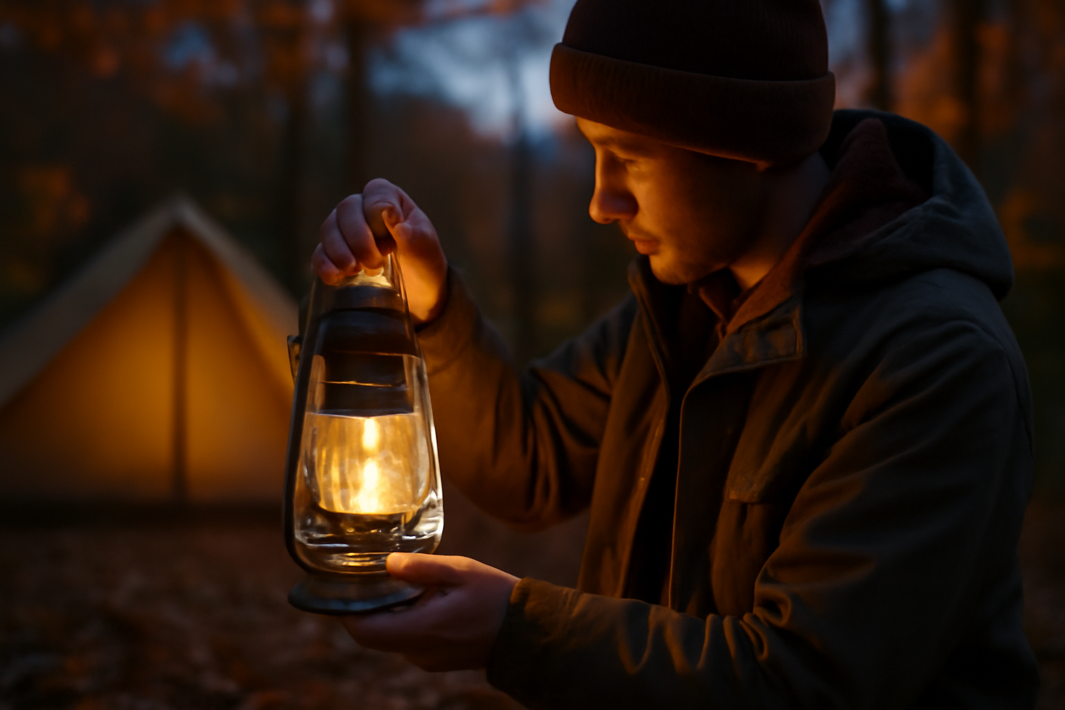 夜間虫よけランタンを手に取って確認するキャンプの夕方風景、秋の野外で安全を確認する様子を横長で写す写真