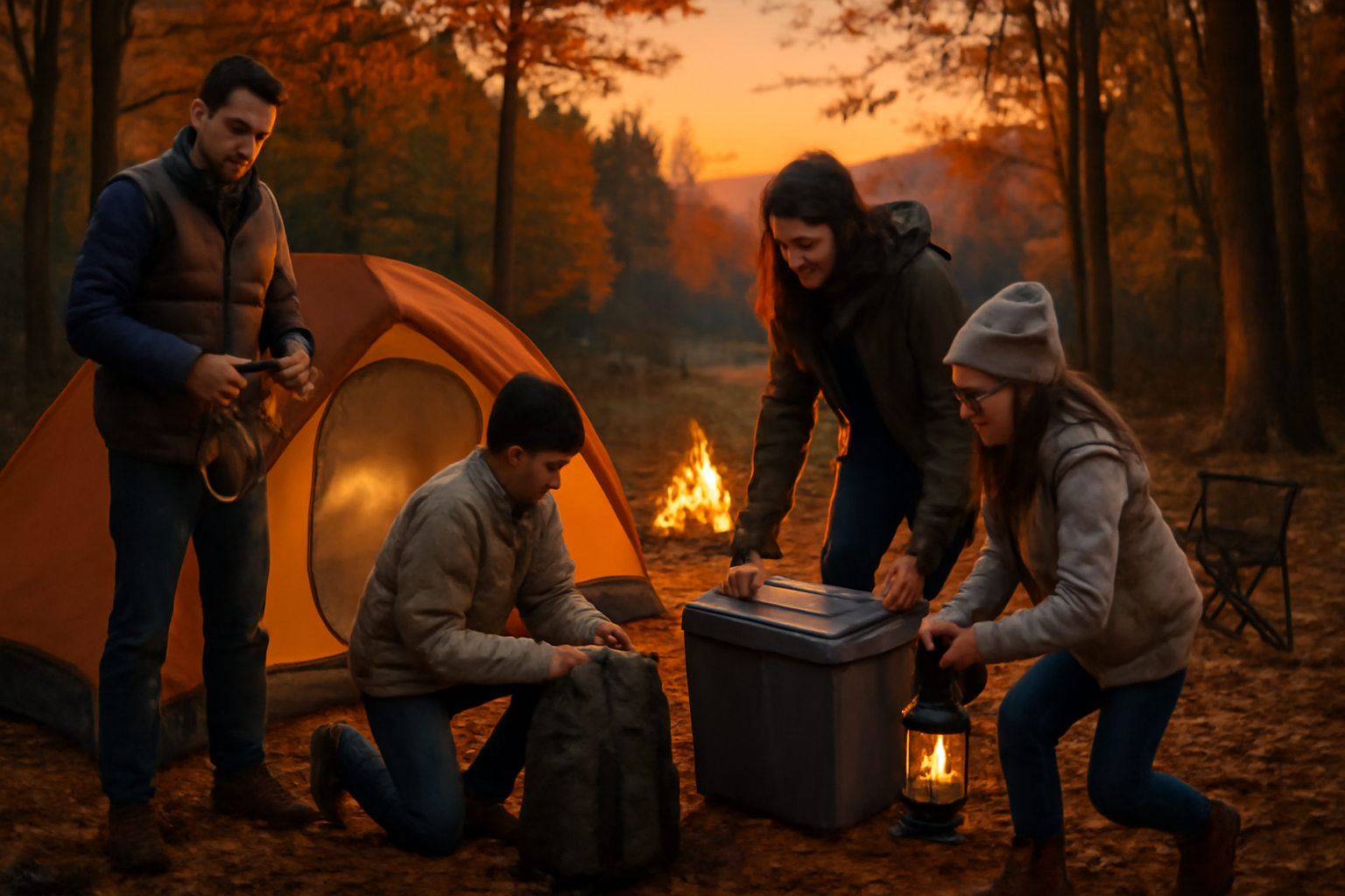 キャンプで防災のコツを促す一場面、夕暮れのキャンプサイトで家族が道具を確認する様子を写した写真です。