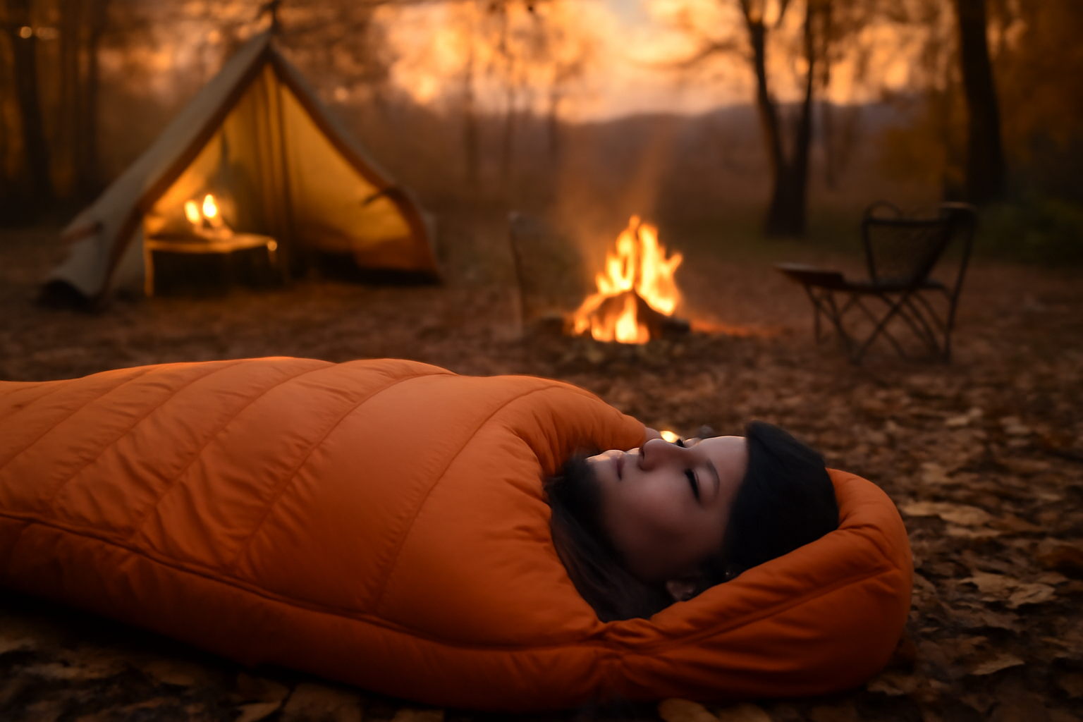 ラビットシュラフを近場で試すイメージ。ラビットシュラフで試着や在庫確認をする夕暮れのキャンプサイトを描写した写真。