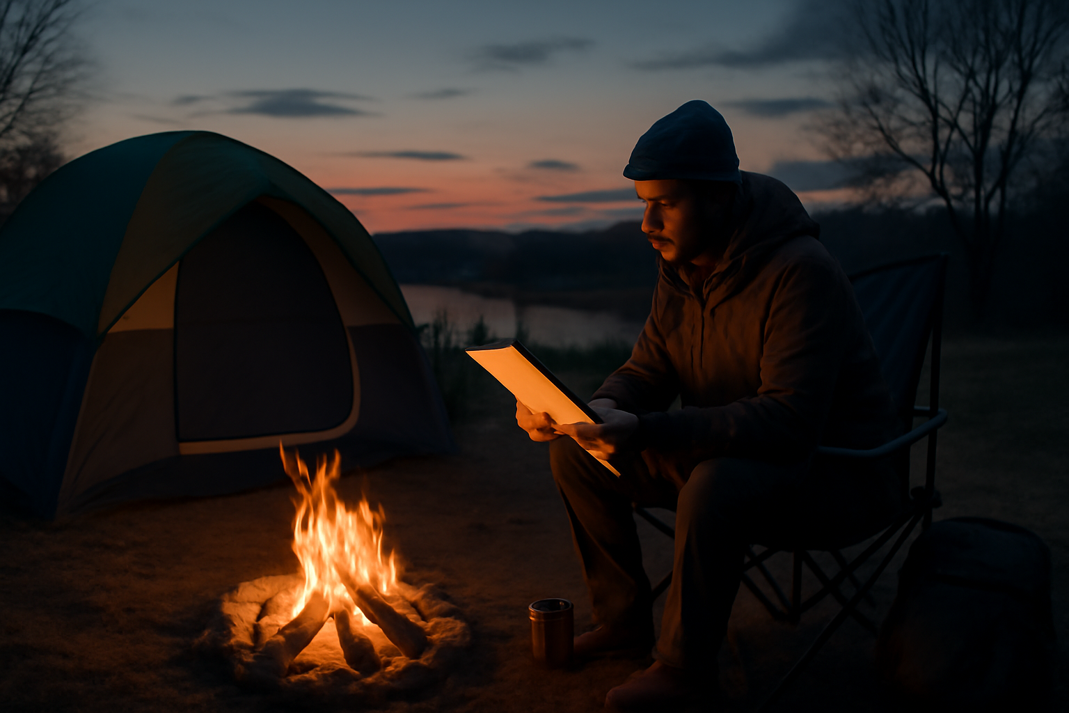 ベースキャンプの記事を読み終えた後の行動を促す情景。夕暮れのキャンプ場で次の準備を考えるキャンパーを描写した横構図のリアルな写真です。