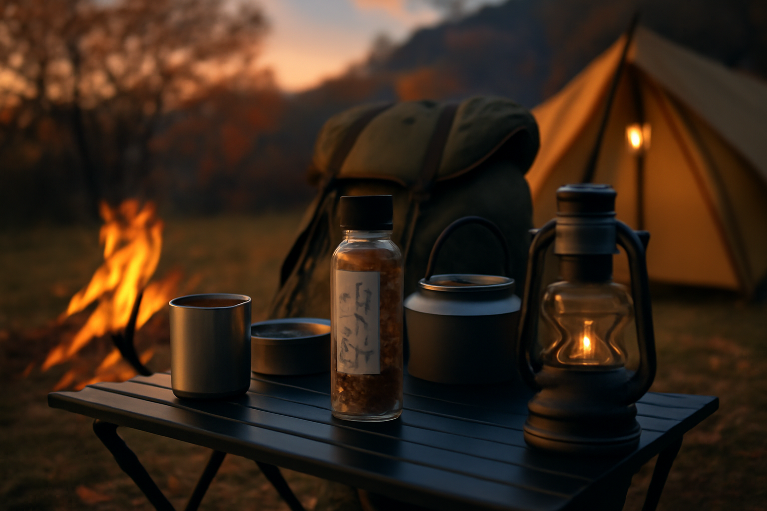 ほりにしのコラボラベルを持って次の週末に試したくなる風景、秋の夕暮れとキャンプテーブルをしっとり撮影