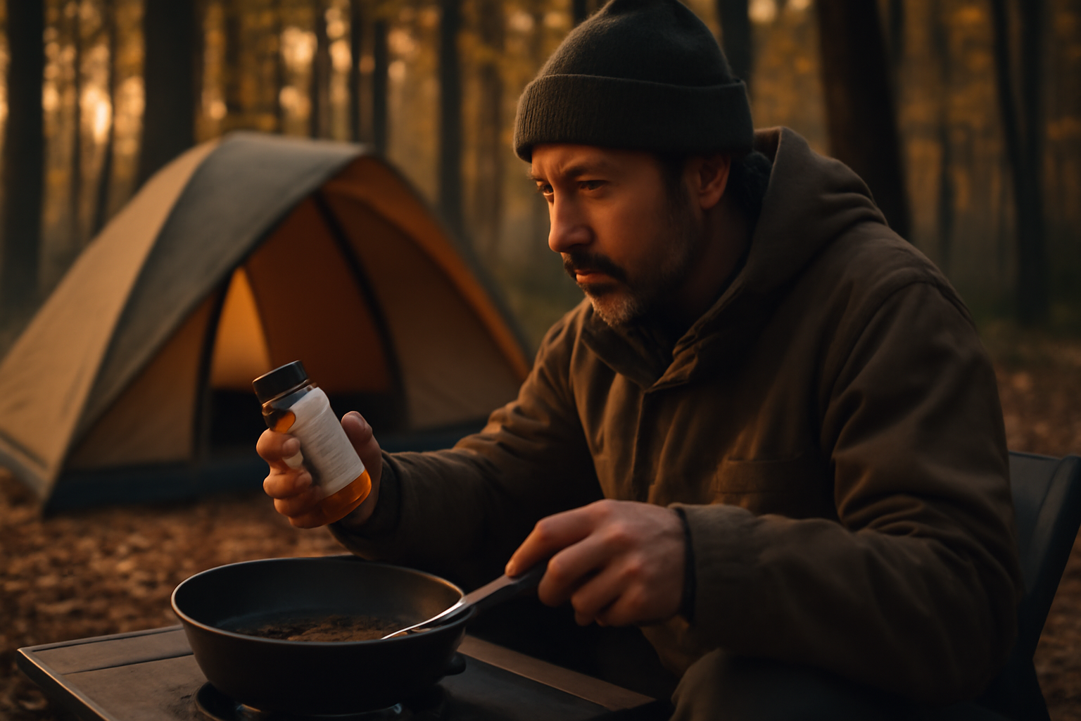 ほりにしスパイスを試すキャンプの様子を示す夕暮れの森でのスパイス瓶と調理のクローズアップ写真