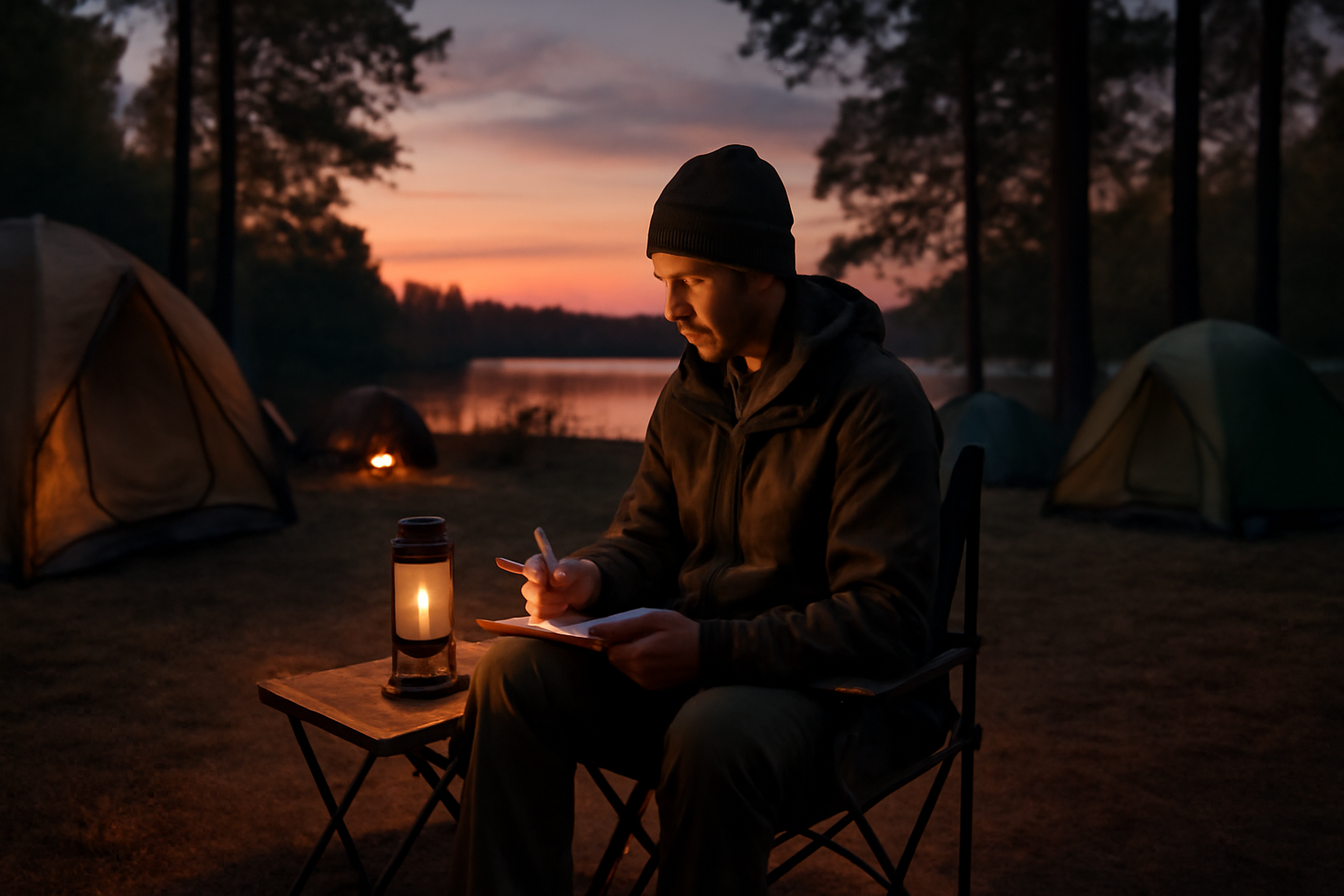 ワイドコット：次の行動を促す夕暮れのキャンプ場で、準備を整える様子を表現した写真のイメージ