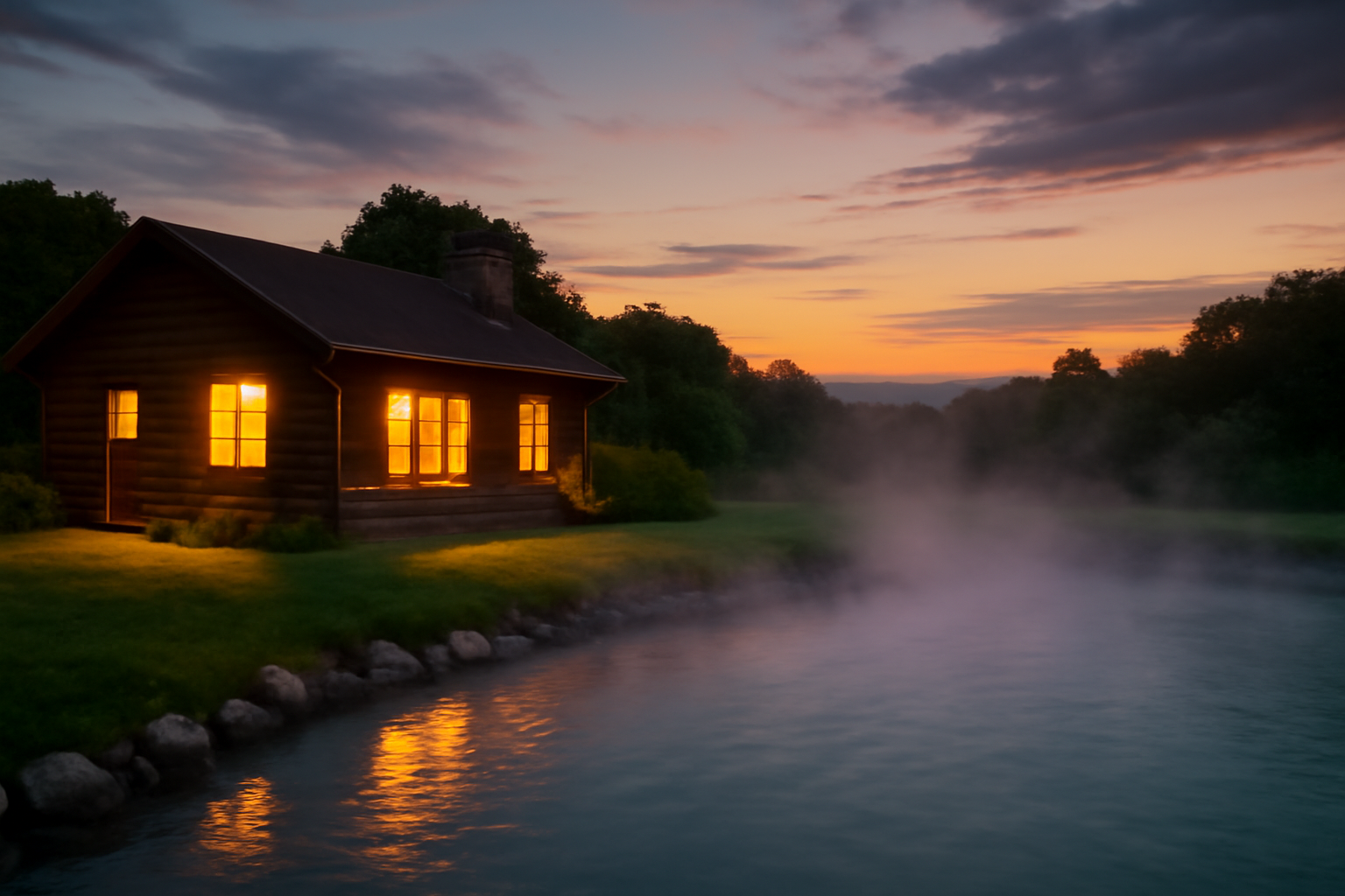 京極キャンプ：荒天時に温泉へ切替えた夕暮れのコテージ、安心感あるあたたかな光景