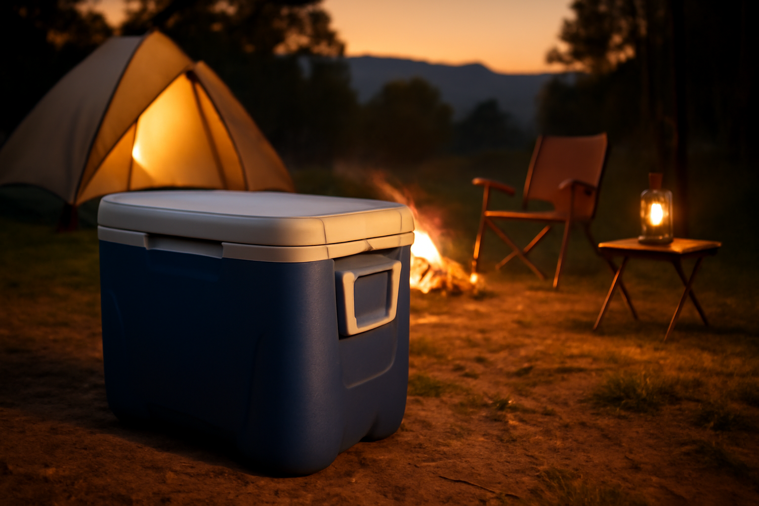 クーラーボックス:夕方のサイトで保冷剤を入れたColemanクーラーボックスを設置する様子。安全で快適な使い方を示すビジュアル