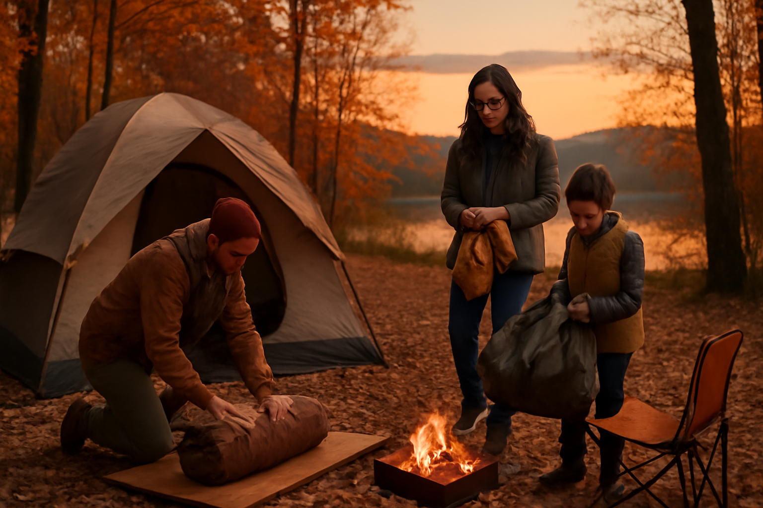 アルペンマットで快適な夜支度をする家族の情景。秋の夕暮れ、テント横でくつろぎながら次の行動へ移る様子を写す説明的な横長写真