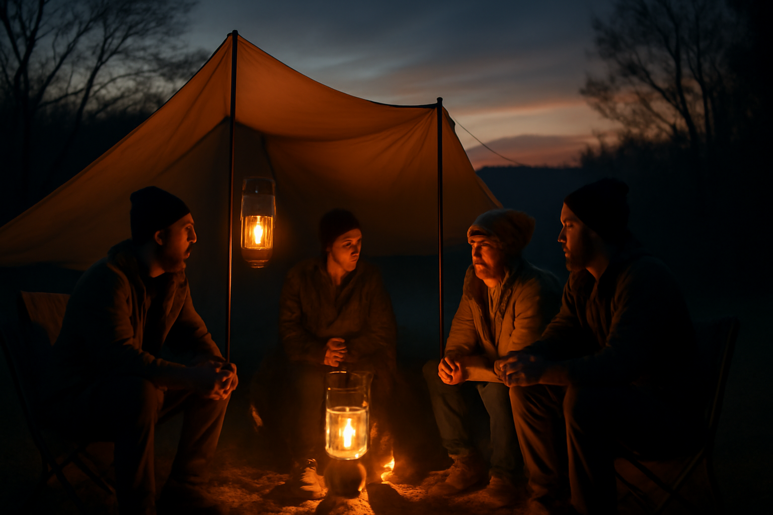 カワサキクシタニのイベントから次の行動を促すイメージ：夕暮れのサイトでランタンの灯りが暖かく参加者が談笑する実写風風景。