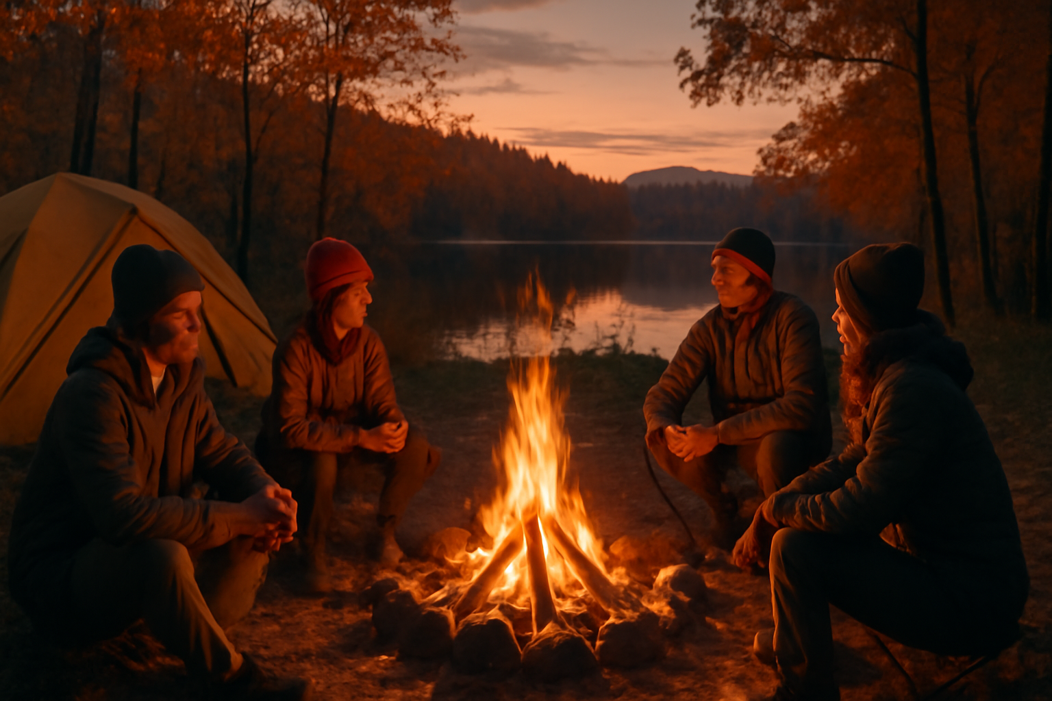 偏光サングラス: 夕暮れの焚き火前で次の行動を決めるキャンパーを捉えた情景、温かい色合いで描写する