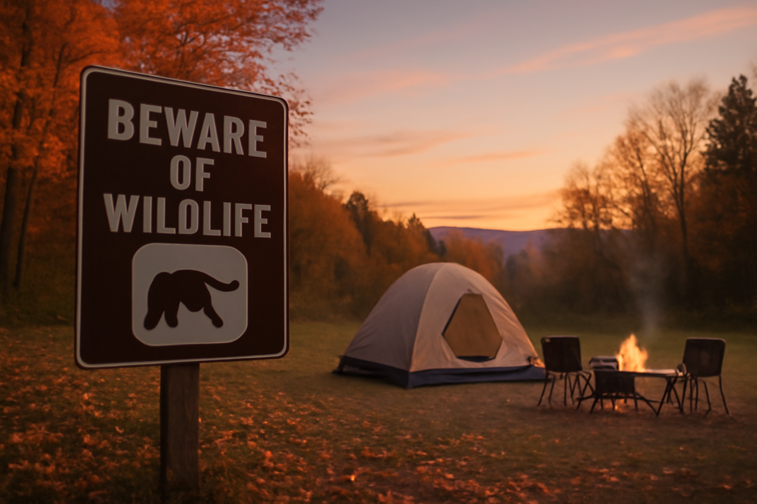 野生動物への注意:秋の夕暮れ、キャンプ場前で安全を呼びかけるサインと準備中のサイトの情景を描写