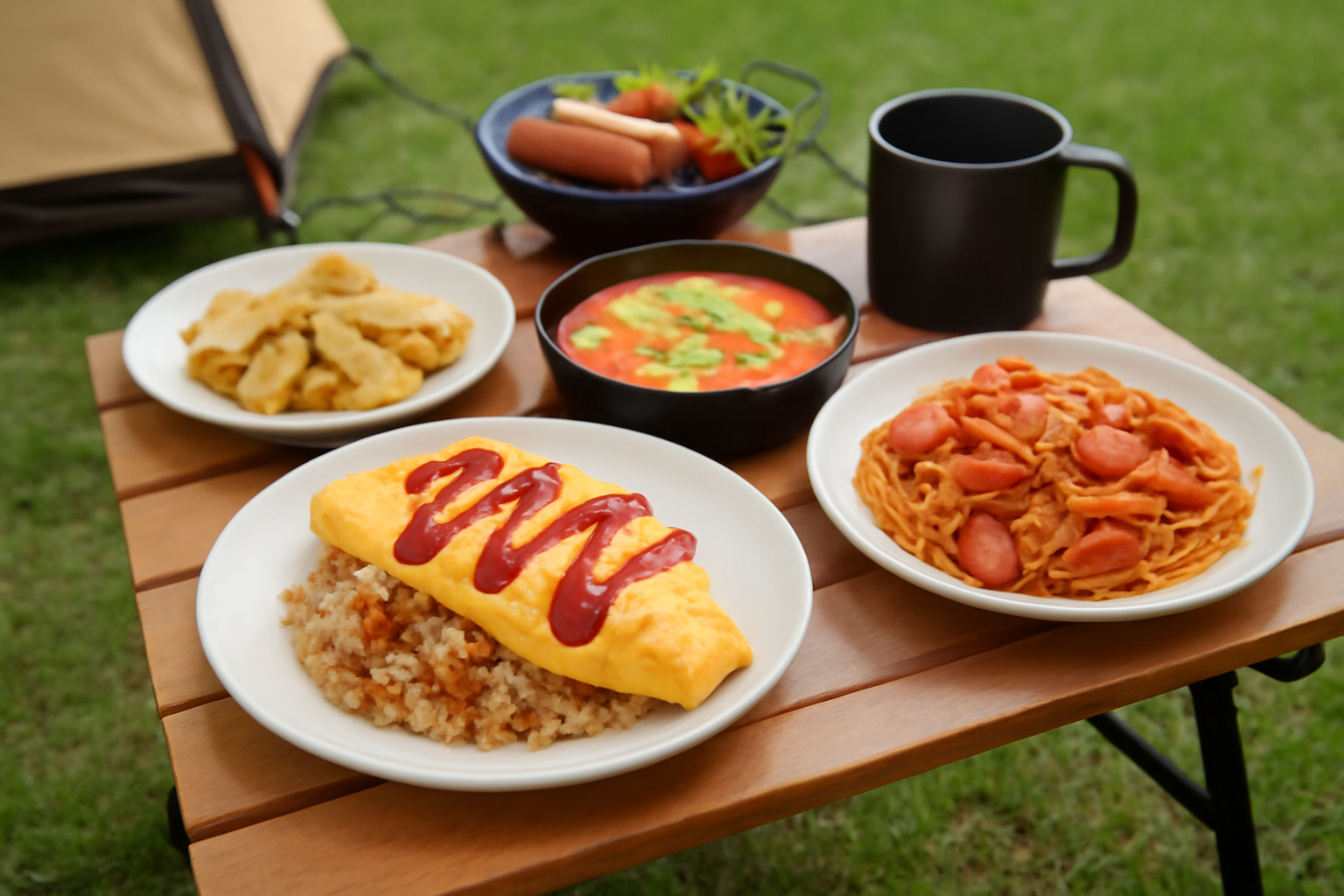 キャンプのテーブルに並んだ簡単レシピの皿のイメージ